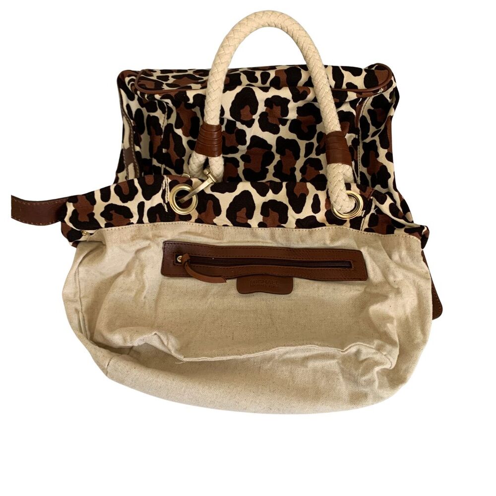 Michael Kors Leopard Print Canvas Shoulder Bag Braided Rope Handle Purse - Picture 7 of 12